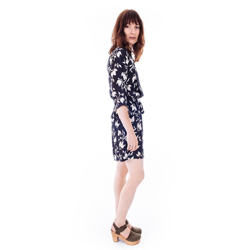 Ganni Maxwell Crepe Floral Peplum Dress Navy White 3/4 Sleeve Small